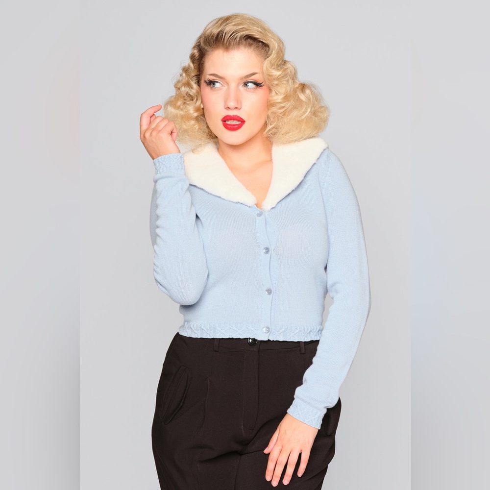 50s Fleur Faux Fur Cardigan in Blue